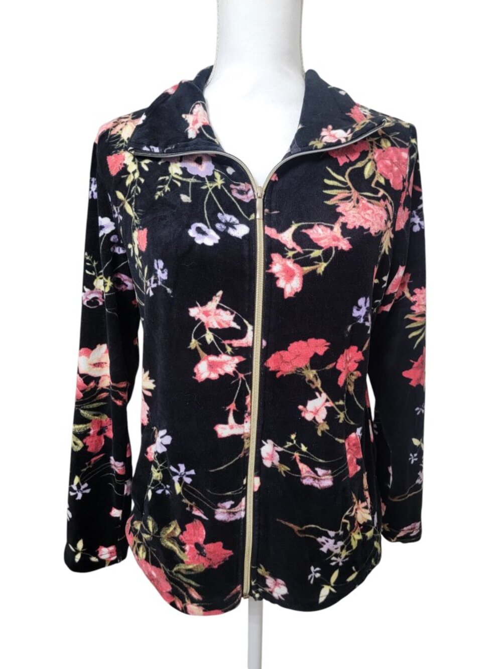 Onque Casual Size S Black with Floral Print Zip Front Velour Jacket